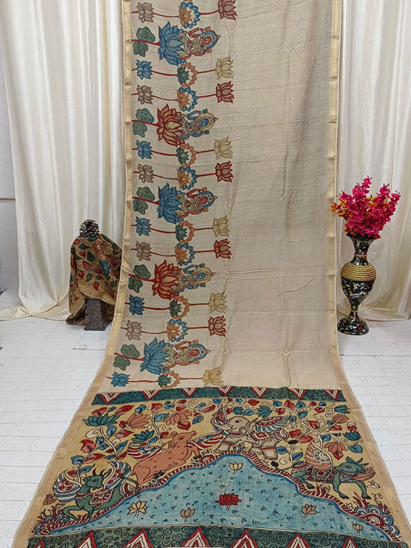 Chenderi Kalamkari Sarees Floral Work with Kalamkari Blouses